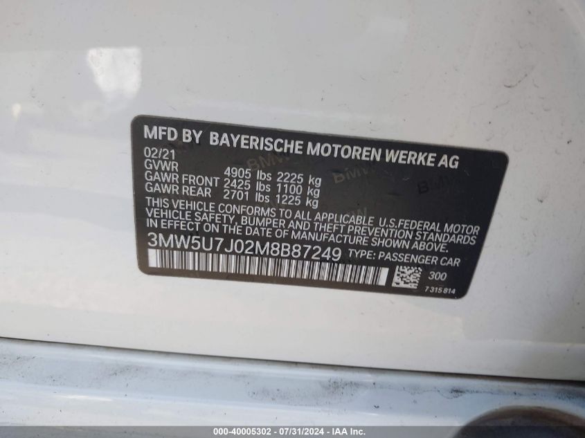 3MW5U7J02M8B87249 2021 BMW 3 Series M340I