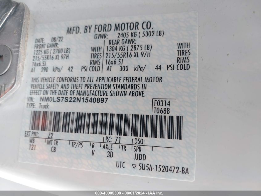 NM0LS7S22N1540897 2022 Ford Transit Connect Xl