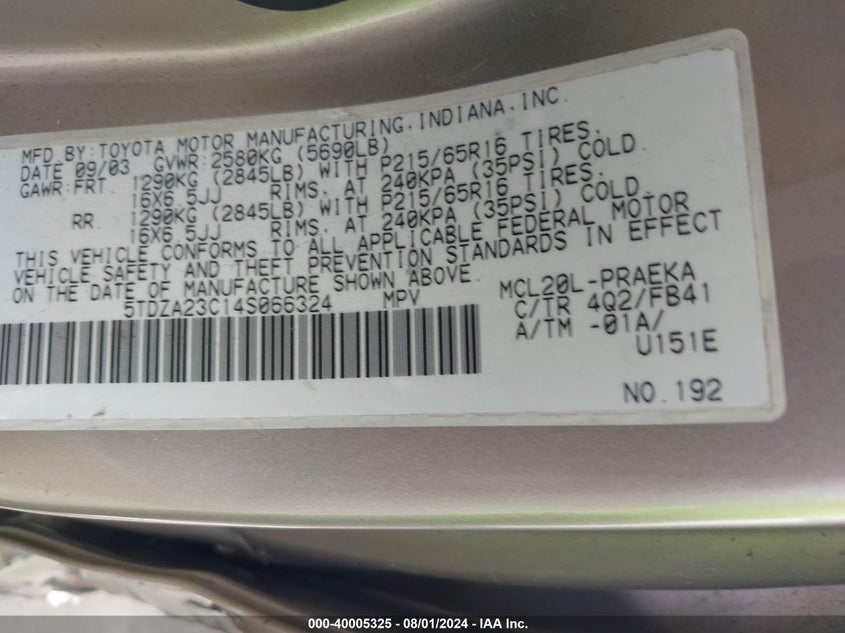 2004 Toyota Sienna Le VIN: 5TDZA23C14S066324 Lot: 40005325