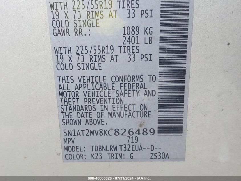 2019 Nissan Rogue Sl VIN: 5N1AT2MV8KC826489 Lot: 40005326