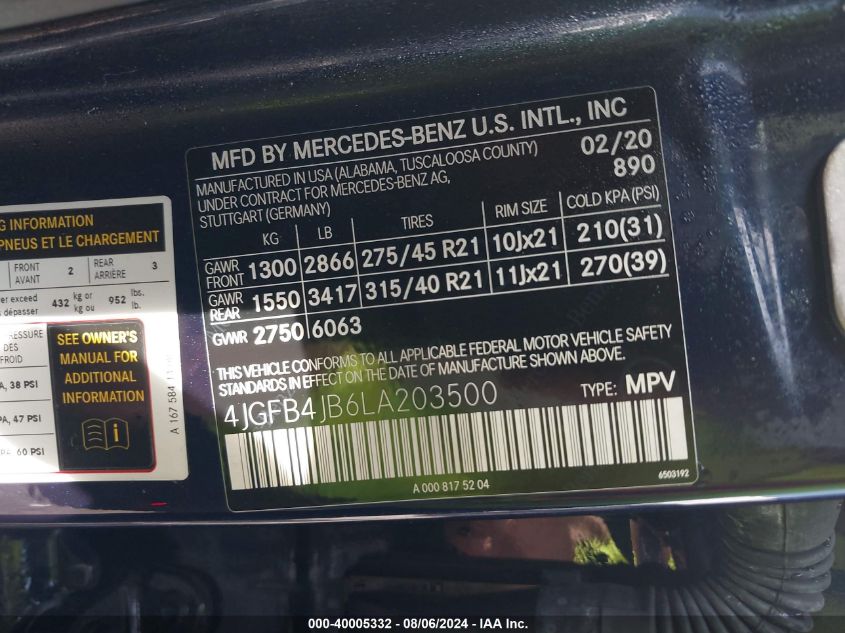 4JGFB4JB6LA203500 2020 Mercedes-Benz Gle 350