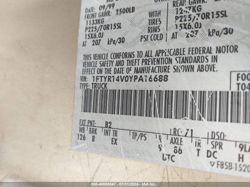 2000 Ford Ranger Xl/Xlt VIN: 1FTYR14V0YPA16688 Lot: 40005347