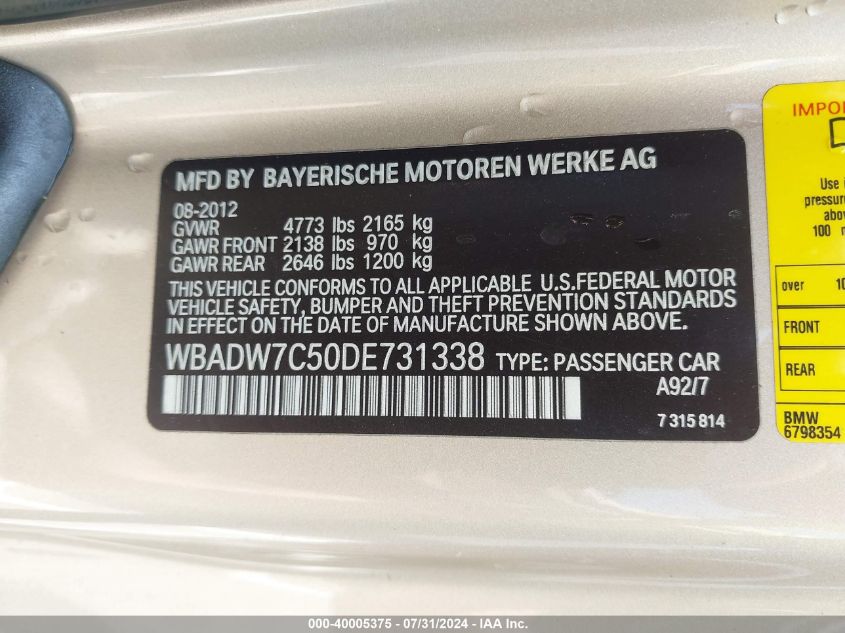 2013 BMW 328I VIN: WBADW7C50DE731338 Lot: 40005375
