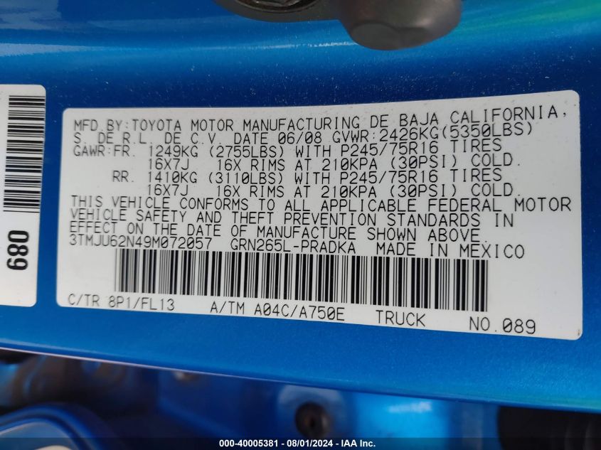2009 Toyota Tacoma Prerunner V6 VIN: 3TMJU62N49M072057 Lot: 40005381