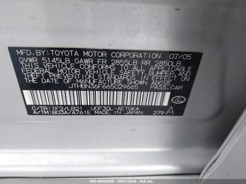 2006 Lexus Ls 430 VIN: JTHBN36F665029665 Lot: 40005459