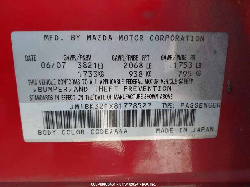 2008 Mazda Mazda3 I VIN: JM1BK32FX81778527 Lot: 40005461