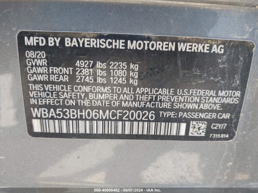 2021 BMW 530I VIN: WBA53BH06MCF20026 Lot: 40005482