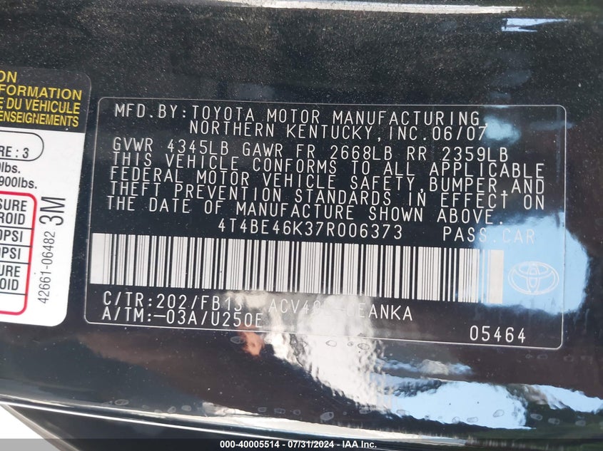 2007 Toyota Camry Le VIN: 4T4BE46K37R006373 Lot: 40005514