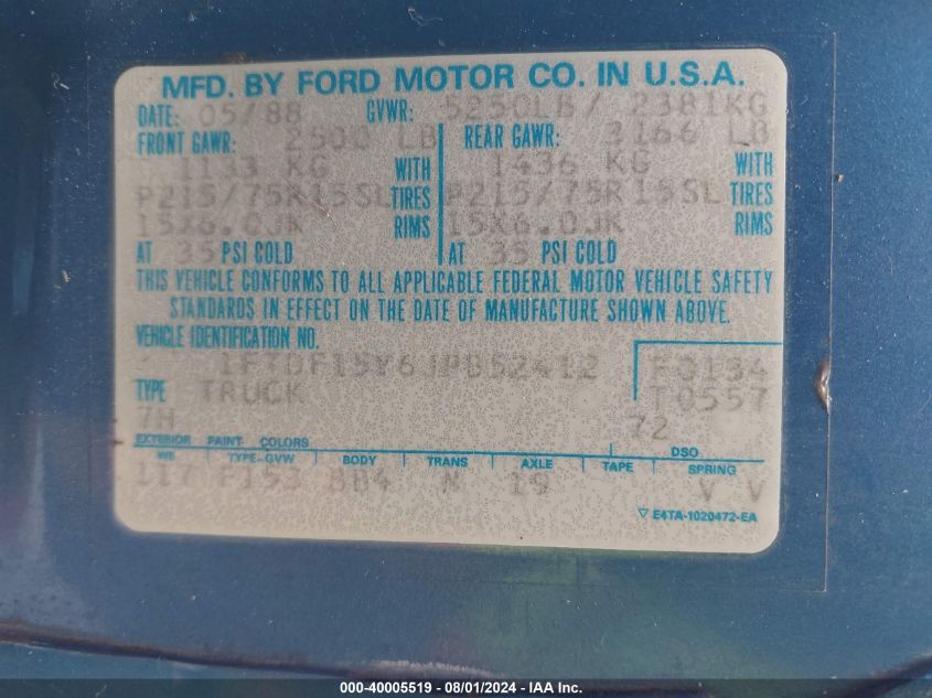 1988 Ford F150 VIN: 1FTDF15Y6JPB52412 Lot: 40005519