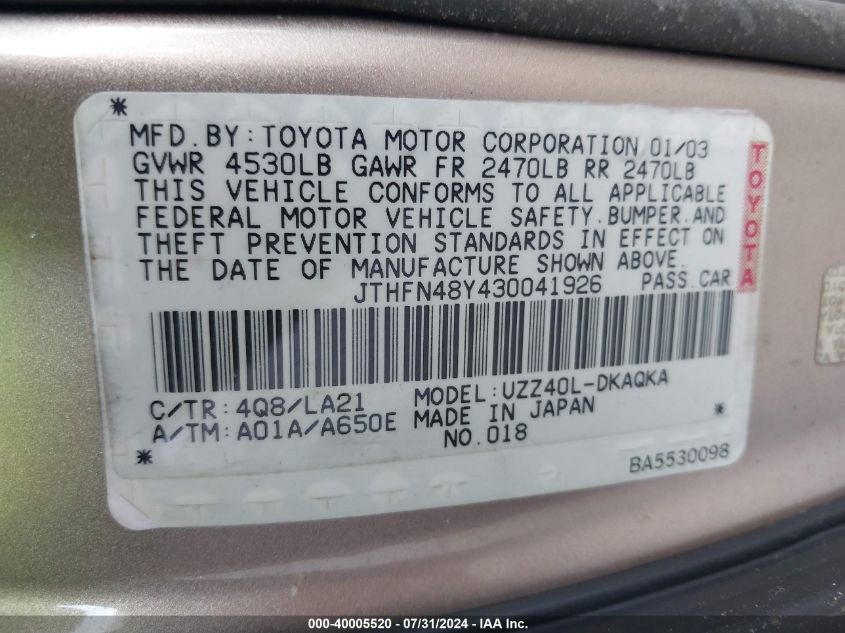 2003 Lexus Sc 430 430 VIN: JTHFN48Y430041926 Lot: 40005520