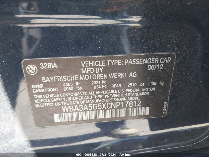 2012 BMW 328I VIN: WBA3A5G5XCNP17812 Lot: 40005528