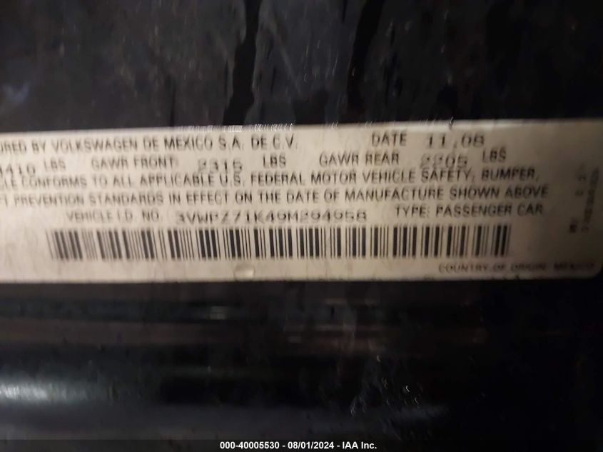 2009 Volkswagen Jetta 2.5L Se VIN: 3VWPZ71K49M294958 Lot: 40005530
