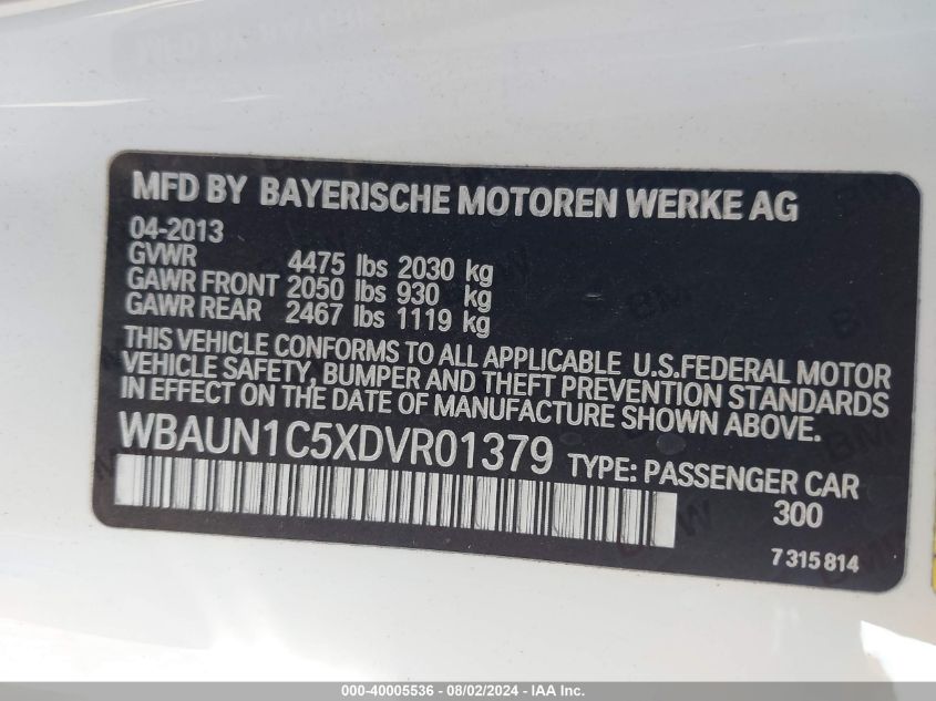 2013 BMW 128 I VIN: WBAUN1C5XDVR01379 Lot: 40005536