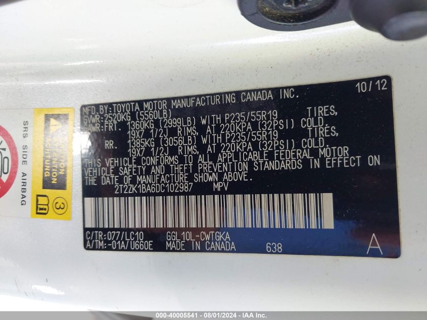 2013 Lexus Rx 350 VIN: 2T2ZK1BA6DC102987 Lot: 40005541