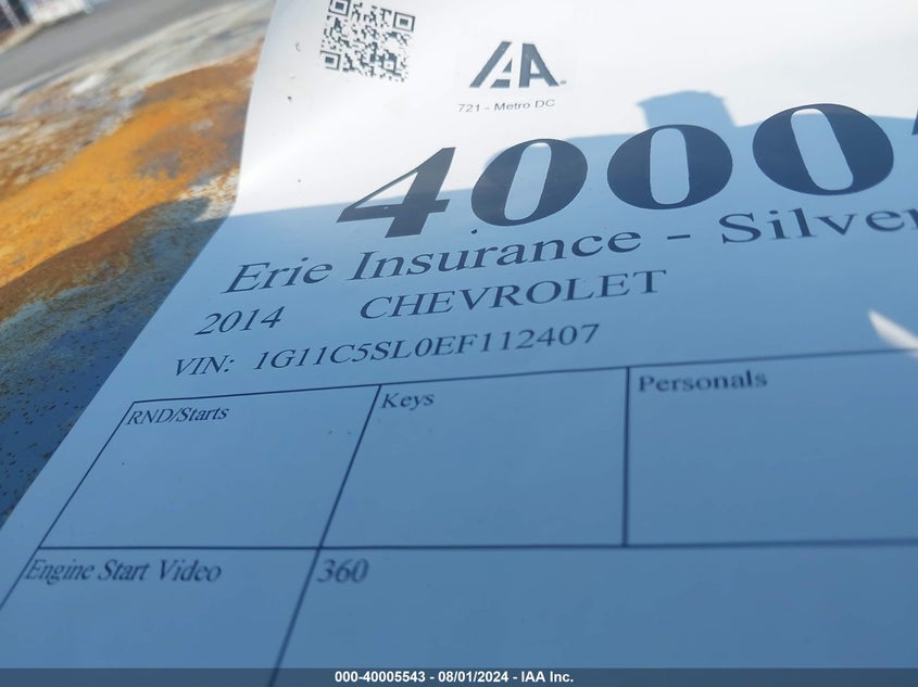 2014 Chevrolet Malibu 1Lt VIN: 1G11C5SL0EF112407 Lot: 40005543