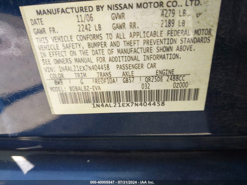 2007 Nissan Altima 2.5 S VIN: 1N4AL21EX7N404458 Lot: 40005547