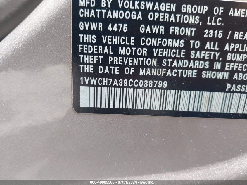 2012 Volkswagen Passat 2.5L Sel VIN: 1VWCH7A39CC038799 Lot: 40005566