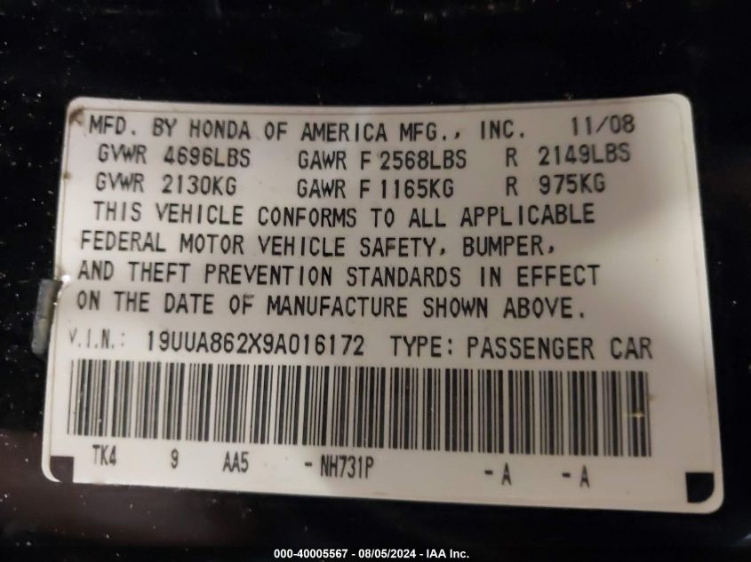 2009 Acura Tl 3.5 VIN: 19UUA862X9A016172 Lot: 40005567