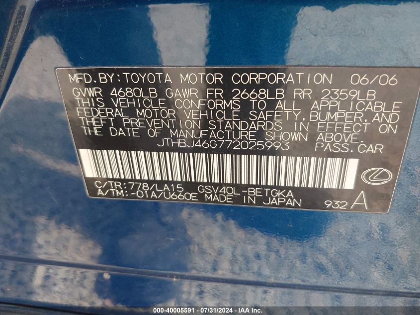 2007 Lexus Es 350 VIN: JTHBJ46G772025993 Lot: 40005591