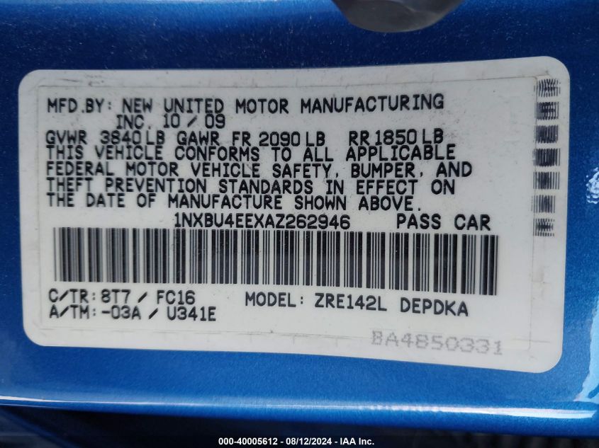 2010 Toyota Corolla Le VIN: 1NXBU4EEXAZ262946 Lot: 40005612