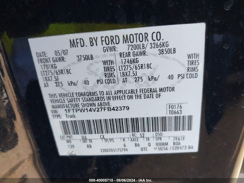 2007 Ford F-150 Fx4/Lariat/Xlt VIN: 1FTPW14V27FB42379 Lot: 40005715