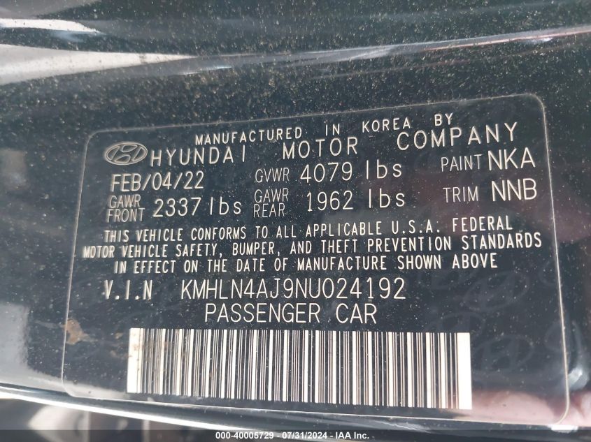 2022 Hyundai Elantra Hybrid Limited VIN: KMHLN4AJ9NU024192 Lot: 40005729