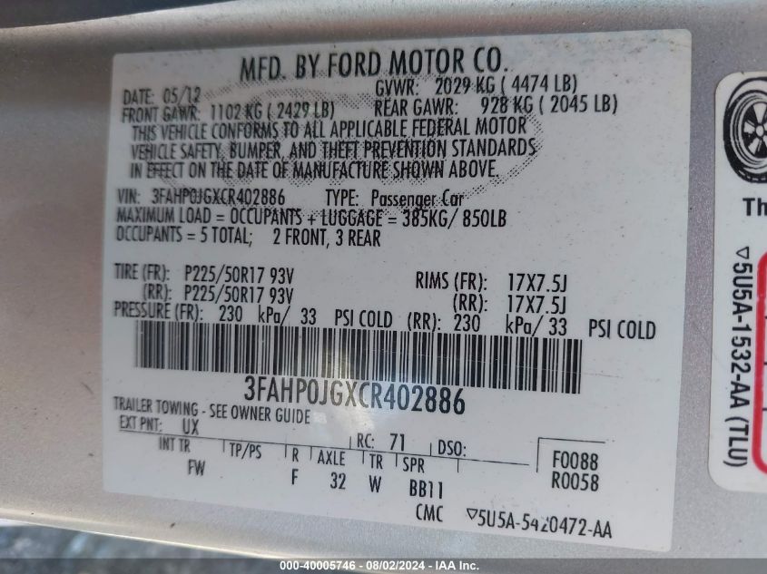 2012 Ford Fusion Sel VIN: 3FAHP0JGXCR402886 Lot: 40005746