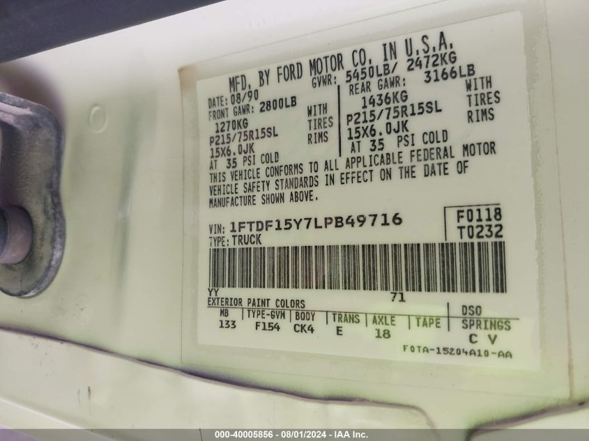 1990 Ford F150 VIN: 1FTDF15Y7LPB49716 Lot: 40005856