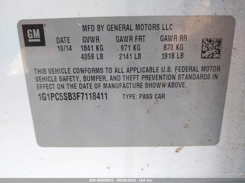 2015 Chevrolet Cruze 1Lt Auto VIN: 1G1PC5SB3F7118411 Lot: 40005910