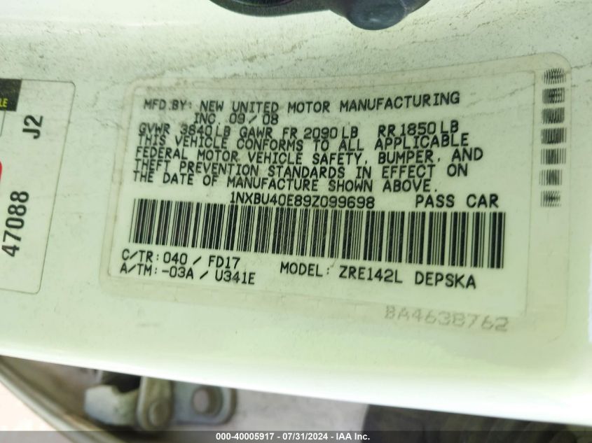 2009 Toyota Corolla S VIN: 1NXBU40E89Z099698 Lot: 40005917