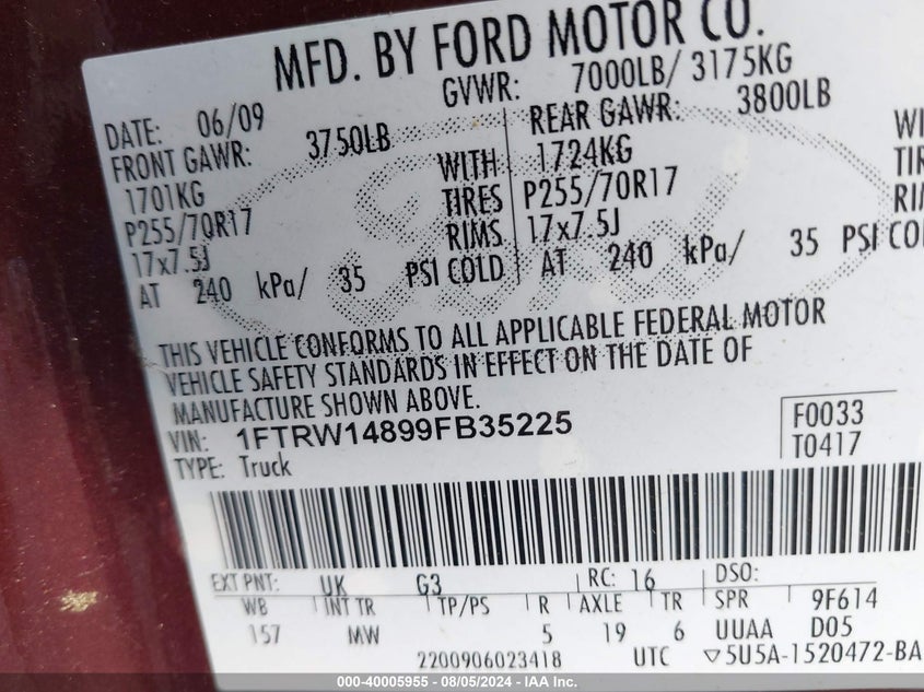 2009 Ford F150 Supercrew VIN: 1FTRW14899FB35225 Lot: 40005955