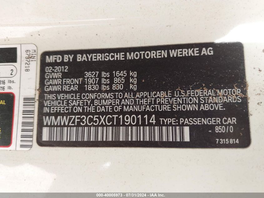 2012 Mini Cooper Clubman VIN: WMWZF3C5XCT190114 Lot: 40005973