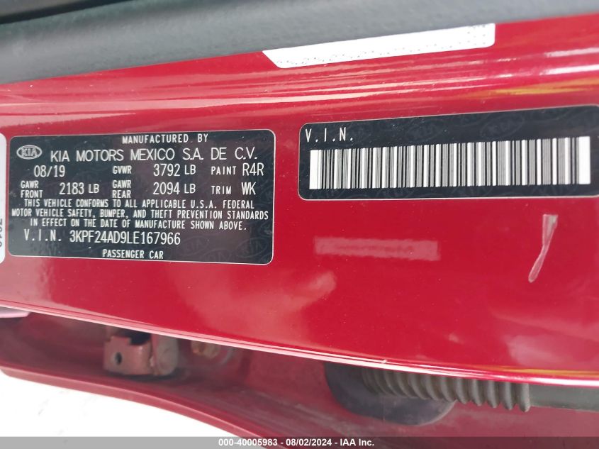 2020 Kia Forte Lxs VIN: 3KPF24AD9LE167966 Lot: 40005983