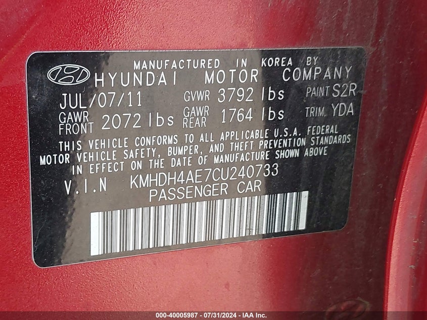 2012 Hyundai Elantra Limited (Ulsan Plant) VIN: KMHDH4AE7CU240733 Lot: 40005987