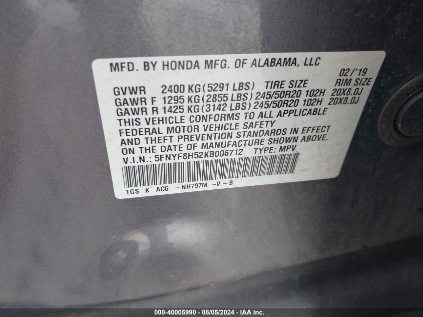 5FNYF8H52KB006712 2019 Honda Passport Ex-L