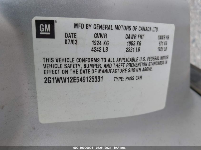 2004 Chevrolet Monte Carlo Ls VIN: 2G1WW12E549125331 Lot: 40006005