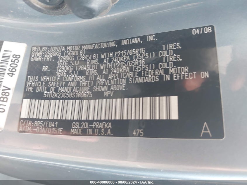 2008 Toyota Sienna Ce/Le VIN: 5TDZK23C585189675 Lot: 40006006