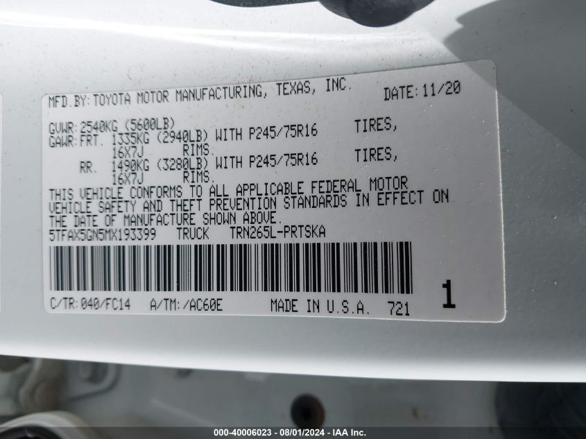 2021 Toyota Tacoma Sr5 VIN: 5TFAX5GN5MX193399 Lot: 40006023