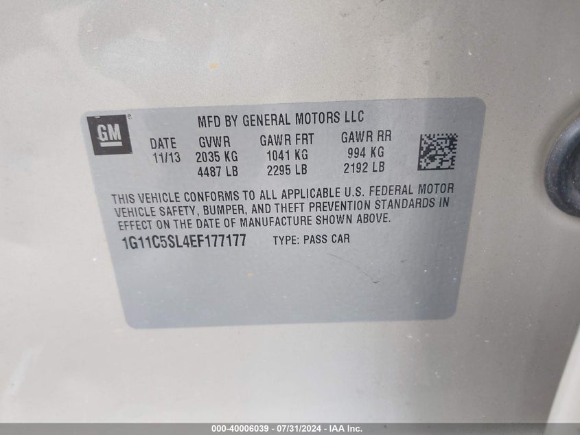 2014 Chevrolet Malibu 1Lt VIN: 1G11C5SL4EF177177 Lot: 40006039