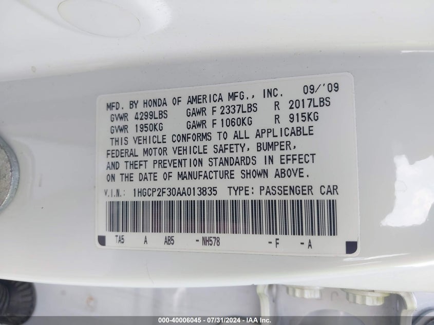 2010 Honda Accord 2.4 Lx VIN: 1HGCP2F30AA013835 Lot: 40006045