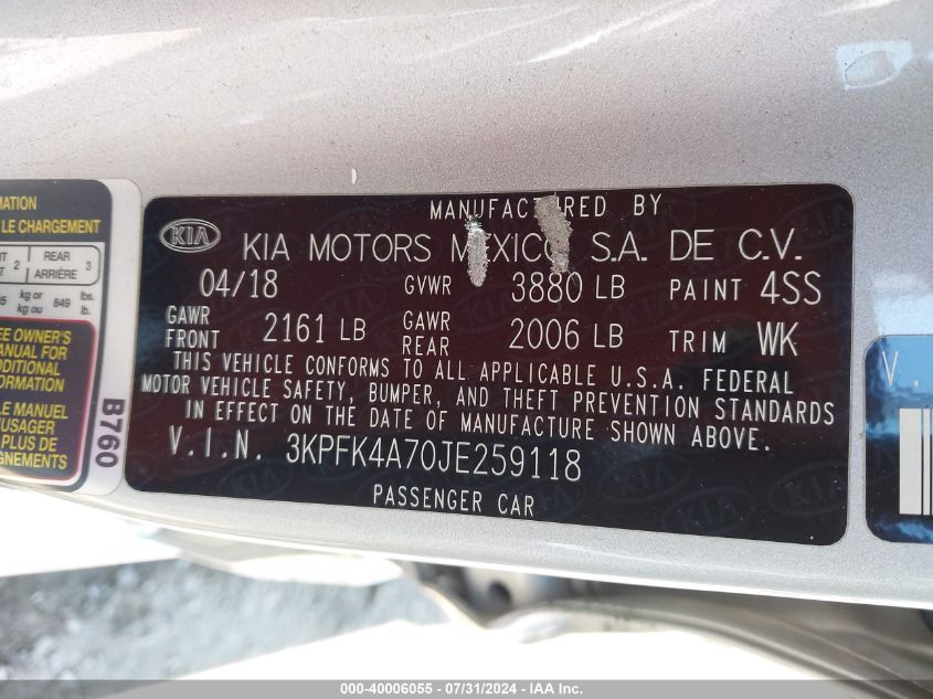 2018 Kia Forte Lx VIN: 3KPFK4A70JE259118 Lot: 40006055