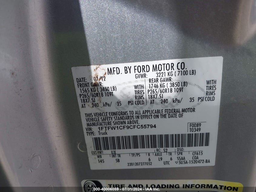 2012 Ford F-150 Fx2 VIN: 1FTFW1CF9CFC55794 Lot: 40006059