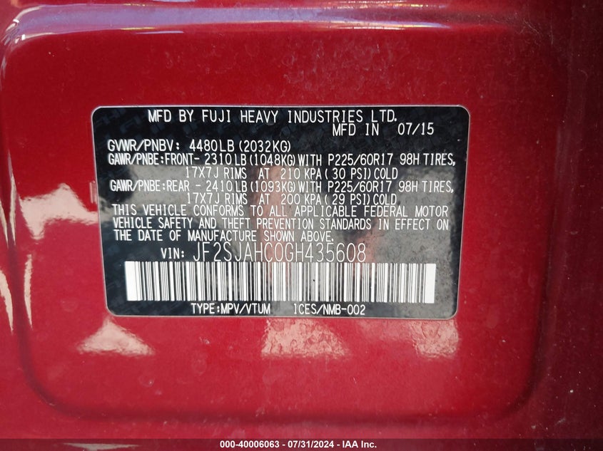 2016 SUBARU FORESTER 2.5I LIMITED - JF2SJAHC0GH435608