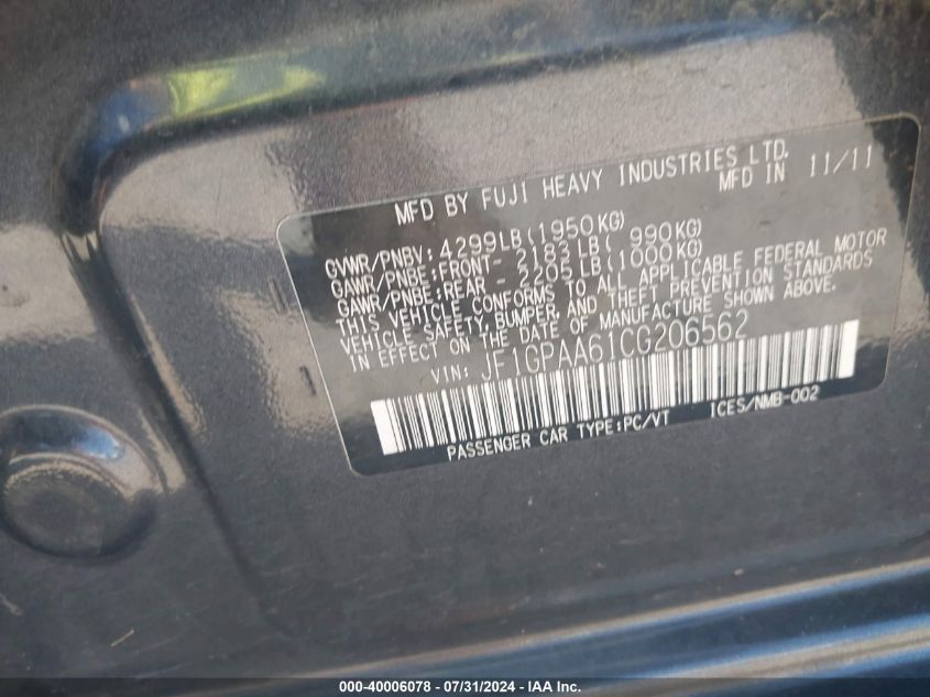 2012 Subaru Impreza 2.0I VIN: JF1GPAA61CG206562 Lot: 40006078