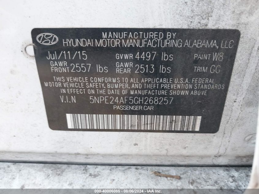 2016 Hyundai Sonata Se VIN: 5NPE24AF5GH268257 Lot: 40006085