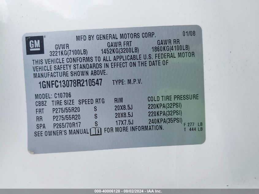 2008 Chevrolet Tahoe Ltz VIN: 1GNFC13078R210547 Lot: 40006128