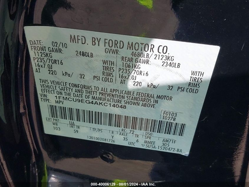 2010 Ford Escape Limited VIN: 1FMCU9EG4AKC14048 Lot: 40006129