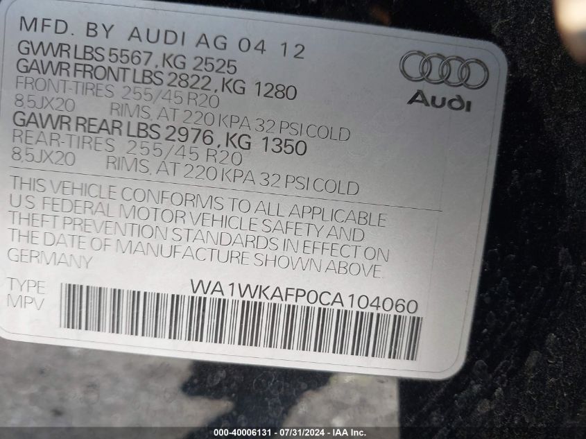 2012 Audi Q5 3.2 Premium VIN: WA1WKAFPOCA104060 Lot: 40006131