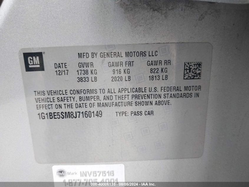 2018 Chevrolet Cruze Lt Auto VIN: 1G1BE5SM8J7160149 Lot: 40006135