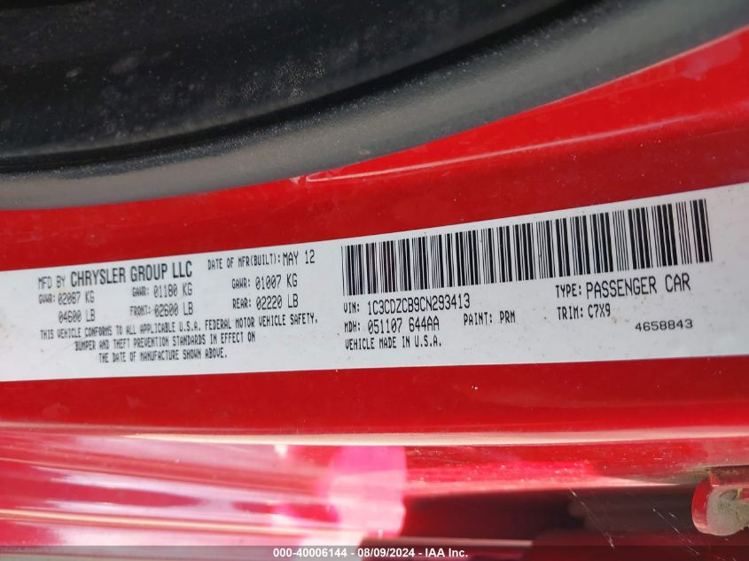 2012 Dodge Avenger Sxt VIN: 1C3CDZCB9CN293413 Lot: 40006144